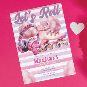 Roligt Rosa Watercolor Roller Blade Birthday Inbjudningar