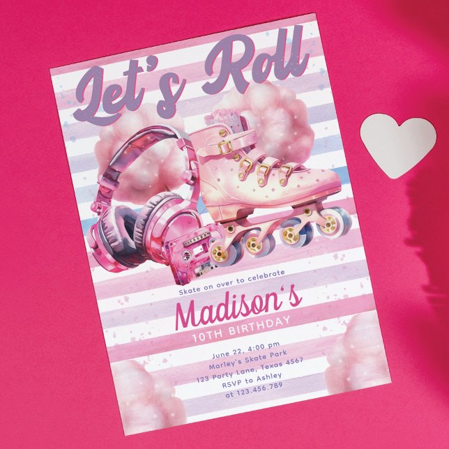Roligt Rosa Watercolor Roller Blade Birthday Inbjudningar (Skapare uppladdad)
