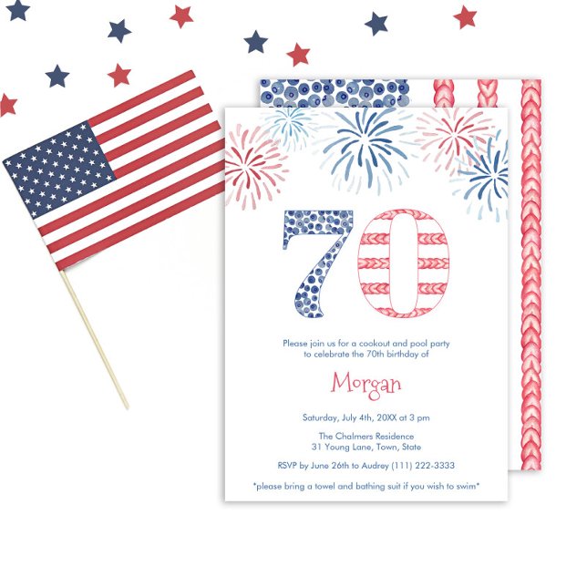 Roligt Rött vitt blått Youthful 70:e Födelsedagsfe Inbjudningar (A patriotic 70th birthday party invitation with a fun vibe promising a great time for all the family)