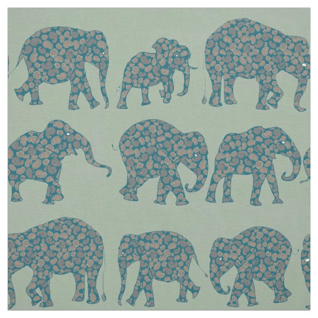 Roligt Rows of Paisley Elephants on Grönt Mönster Tyg (Provkarta)