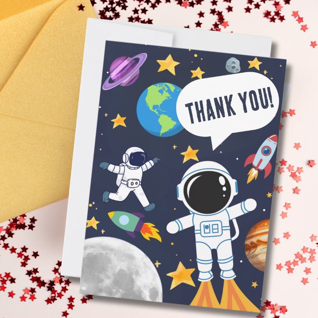 Roligt Rymd Astronaut Planet Måne Stjärnor, Söt Ki Tack Kort (Skapare uppladdad)