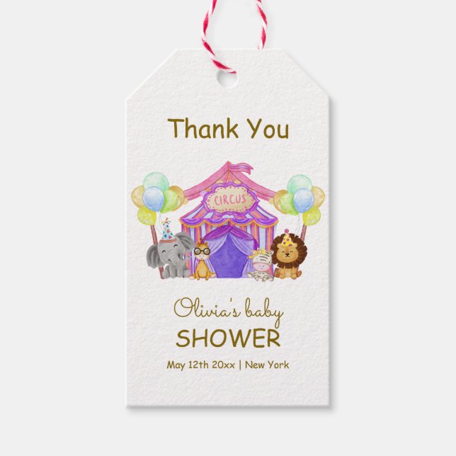 Roligt Safari Circus Carnival Balloon Baby Shower Presentetikett (Framsidan)