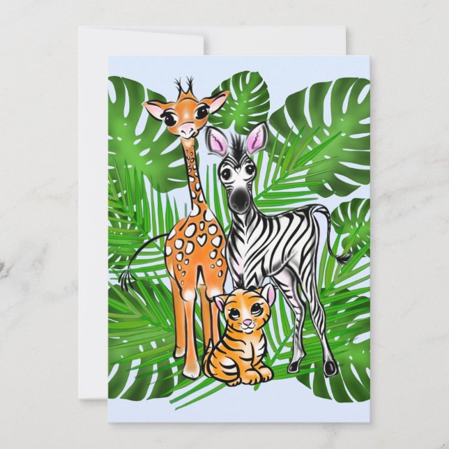 Roligt Safari-vänner giraffe zebra tiger handflata Inbjudningar (Framsida)