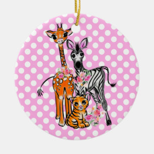 Roligt Safari-vänner giraffe zebra tiger rosa polk Julgransprydnad Keramik