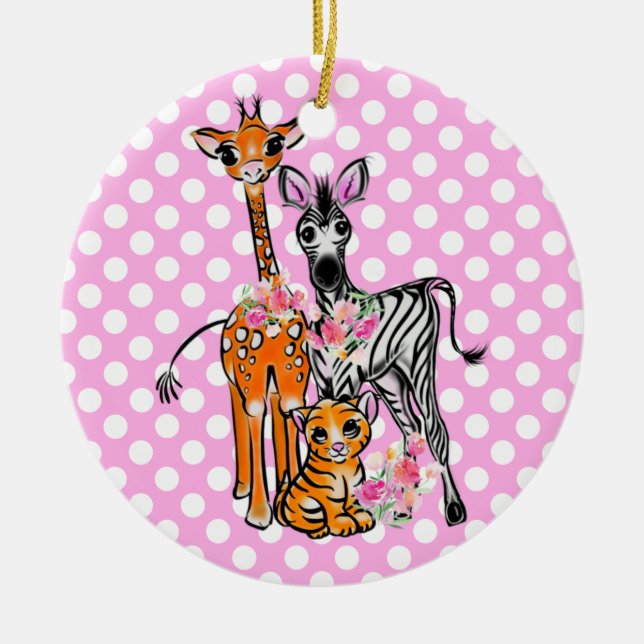 Roligt Safari-vänner giraffe zebra tiger rosa polk Julgransprydnad Keramik (Framsidan)