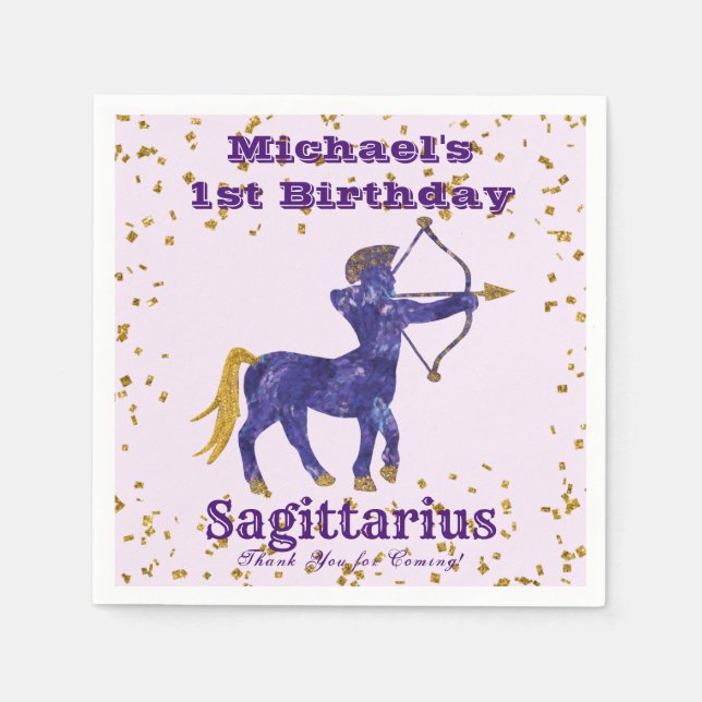 Roligt Sagittarius First Birthday & Guld Confetti Pappersservett (Framsidan)