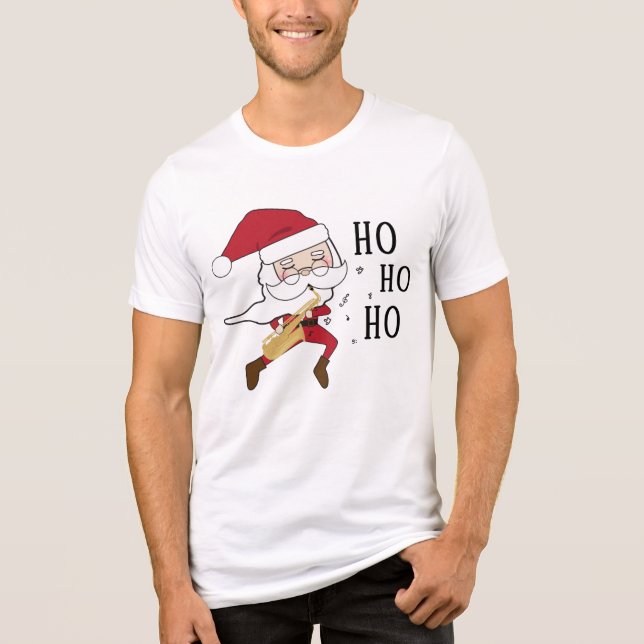 Roligt Santa Spelande saxophone Whimsical Cute Mus T Shirt (Framsida)