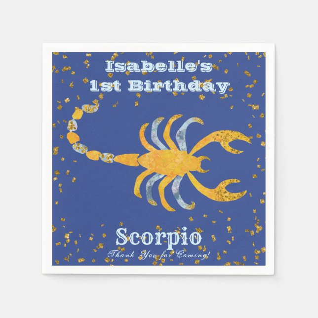 Roligt Scorpio First Birthday & Guld Confetti Pappersservett (Framsidan)