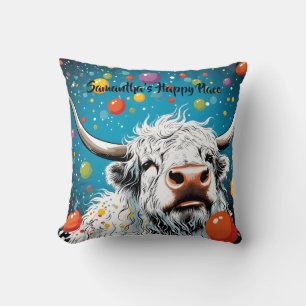 Roligt Scottish Highland Cow med Bubbles. Redigerb Kudde