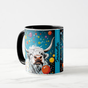 Roligt Scottish Highland Cow med Bubbles. Redigerb Mugg