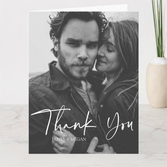 Roligt Script Calligraphy Photo Bröllop Tack Kort (Framsida)