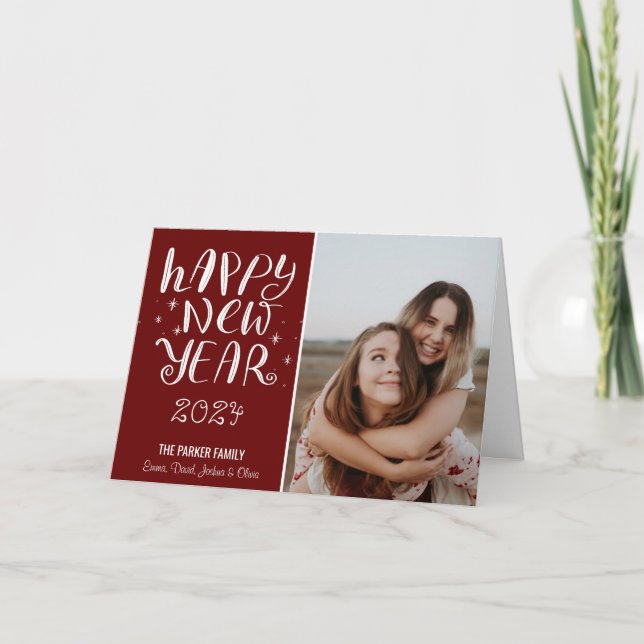 Roligt Script Gott nytt år Photo Cute Red Rand Helgkort (Framsida)