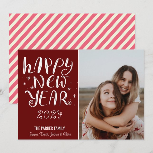 Roligt Script Gott nytt år Photo Cute Red Rand Julkort (Fram/baksida)