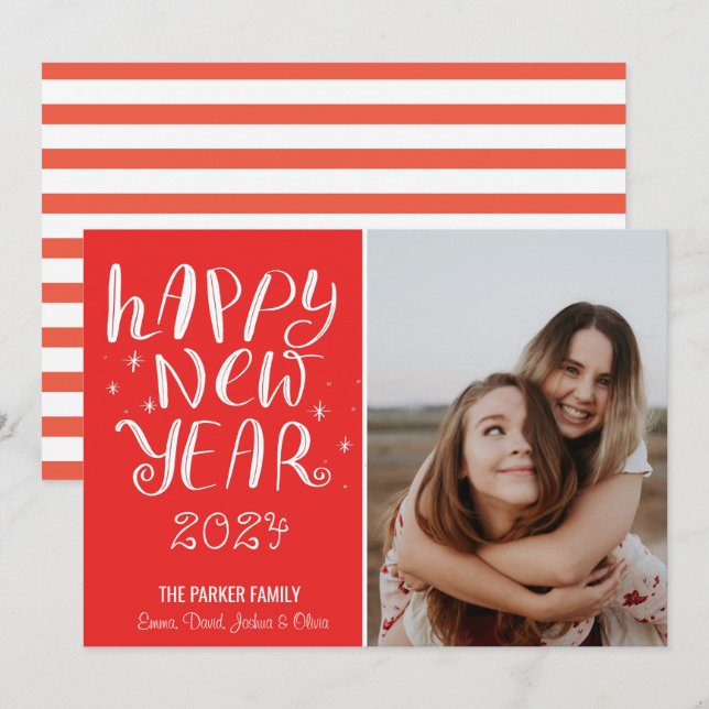 Roligt Script Gott nytt år Photo Cute Red Rand Julkort (Fram/baksida)