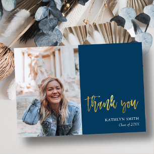 Roligt Script Modern Blue Simple Photo Studenten Tack Kort