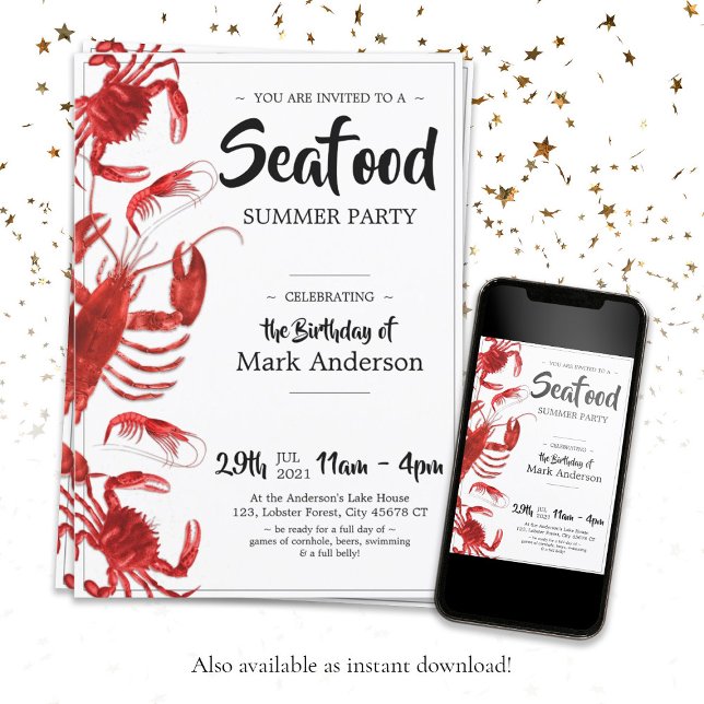 Roligt Seafood Summer Födelsedagsfest Inbjudningar (Fun Seafood Summer Birthday Party Invitation)