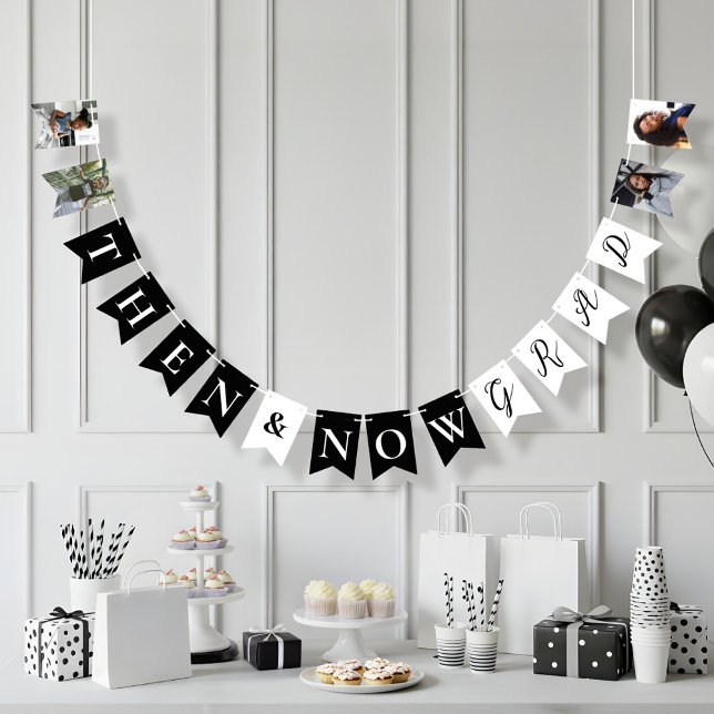 Roligt Sen och nu Grad Photo Collage Studentfest Vimplar (Fun Then & Now Grad Photo Collage Graduation Party Bunting Flags)