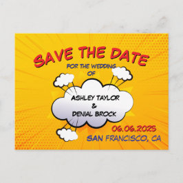 Roligt seriebröllop spara datum meddelande vykort