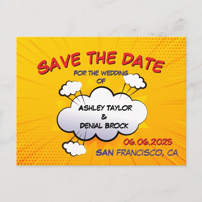 Roligt seriebröllop spara datum meddelande vykort (Framsida)