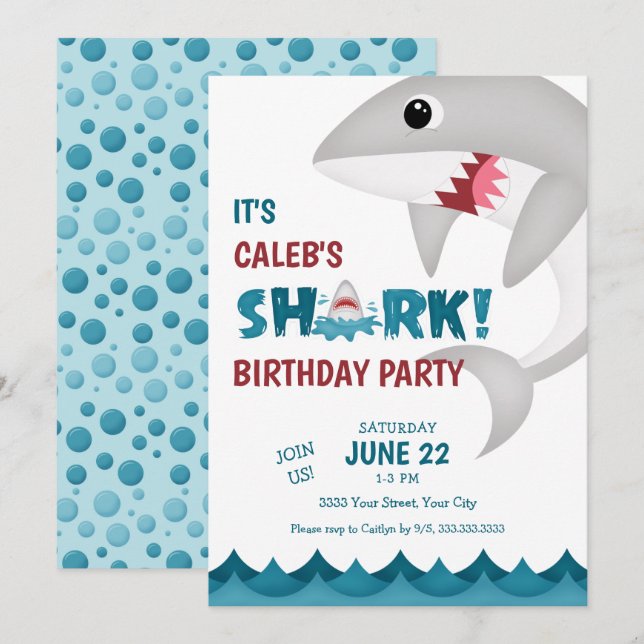 Roligt Shark Födelsedagsfest inbjudan (Fram/baksida)