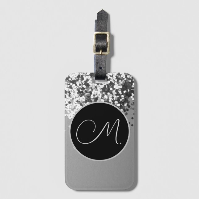 Roligt Silver Black Confetti Monogram Bagagebricka (Framsida vertikal)