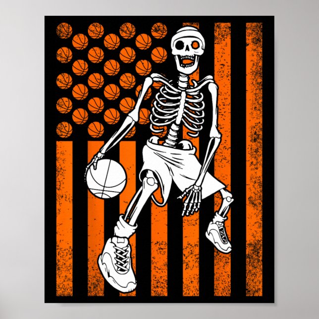 Roligt Skeleton Basketball Player USA American Fla Poster (Framsidan)