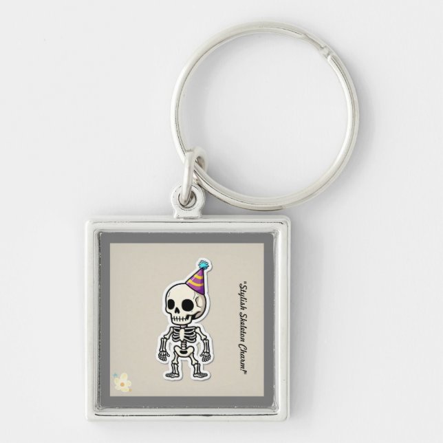 "Roligt Skeleton Graphic" Fyrkantig Silverfärgad Nyckelring (Framsidan)