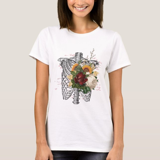 Roligt Skeleton och Blommigt Design Tee Shirt (Framsida)
