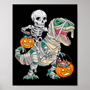 Roligt Skeleton Riding Mummy Dinosaur T rex Hallow Poster