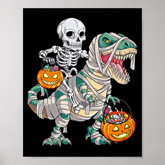 Roligt Skeleton Riding Mummy Dinosaur T rex Hallow Poster (Framsidan)