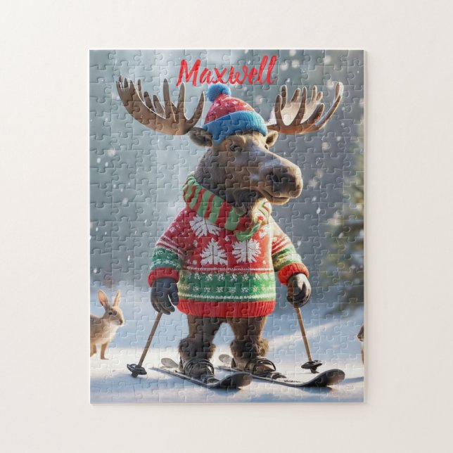 Roligt Skiing Moose jul Personlig Puzzle Pussel (Vertikal)