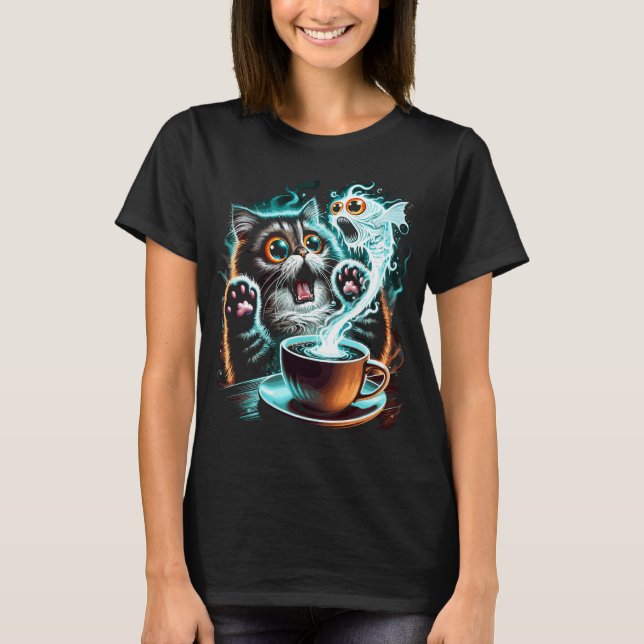 Roligt Skrämda Katt- och Spökfiskdesign T Shirt (Framsida)