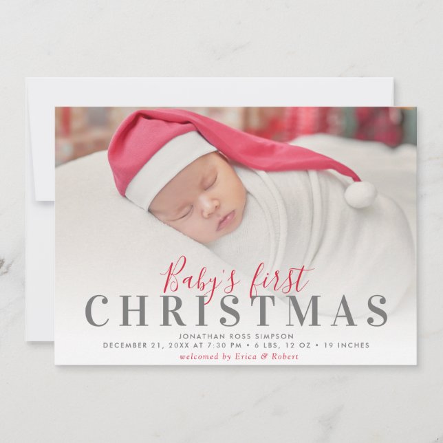 roligt-skript 1:a julklapp baby-annonskort meddelande (Framsida)
