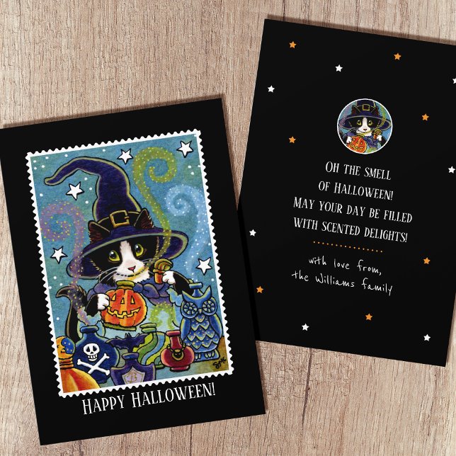 Roligt Smell of Halloween Cat Witch Parfym Flat Kort (Skapare uppladdad)