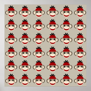 Roligt Smilande Red Sock monkey Lycklig Mönster Poster