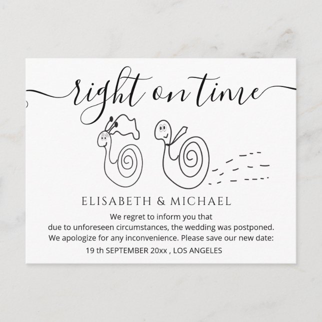 Roligt snigelfullt par ändrar datum meddelande vykort (Framsida)