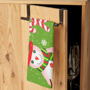 ROLIGT Snögubbe i Red Hat och Scarf GRÖNT Jul Kökshandduk