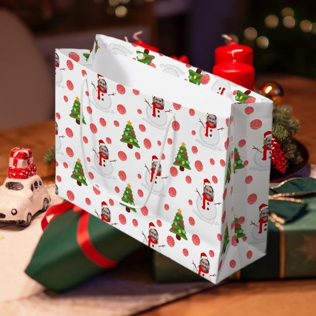 Roligt Snögubbe med Anpassningsbar Photo Ansikte W (Fun Snowman With Custom Photo Face White Green Red Large Gift Bag)