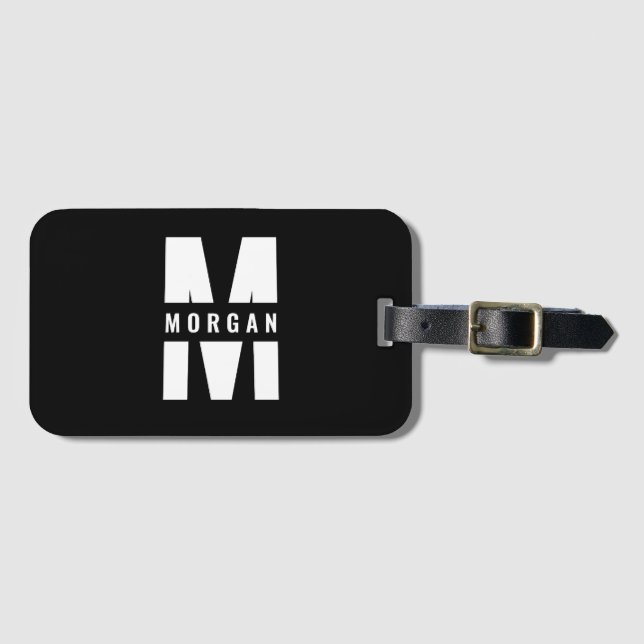 Roligt Snyggt Chic Monogram Namn Initial Svartvit  Bagagebricka (Framsida horisontal)