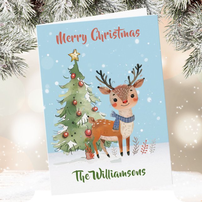 Roligt Snyggt Vattenfärgsrenar Träd Kort (Skapare uppladdad)