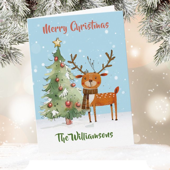 Roligt Snyggt Vattenfärgsrenar Träd Kort (Skapare uppladdad)