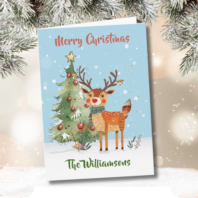 Roligt Snyggt Vattenfärgsrenar Träd Kort (Skapare uppladdad)