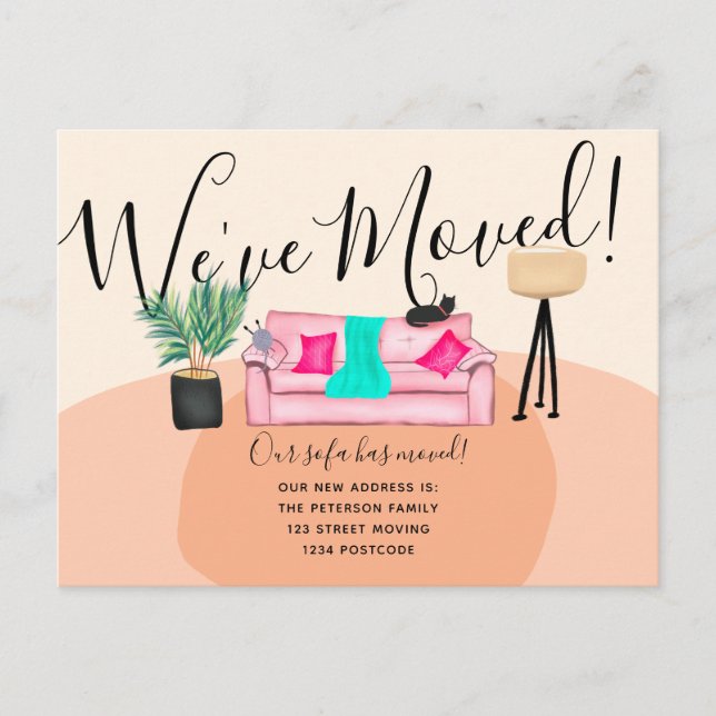 Roligt soffa illustration av flytta av katt meddelande vykort (Framsida)
