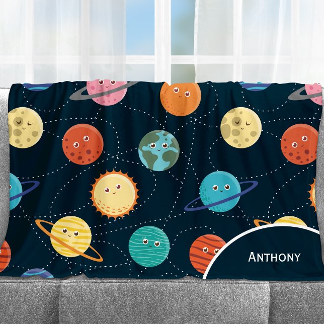 Roligt Solar System Planets Mönster för barn Blue Fleecefilt (Skapare uppladdad)