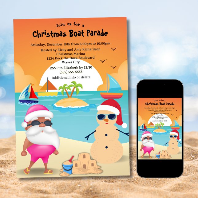 Roligt solbränd tomte strand jul båtparad inbjudningar (Skapare uppladdad)