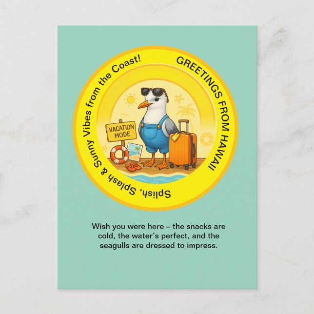 roligt soligt resmål mås strandhälsning  vykort (Framsida)