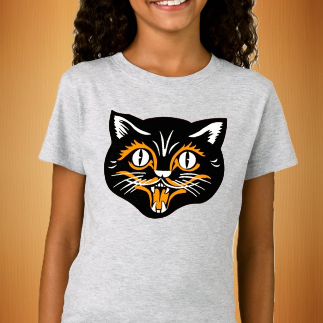 Roligt som leker Halloween Black Cat Ansikte med O T Shirt (Fun laughing Halloween black cat face with orange and white accents on kids's tee shirt.)