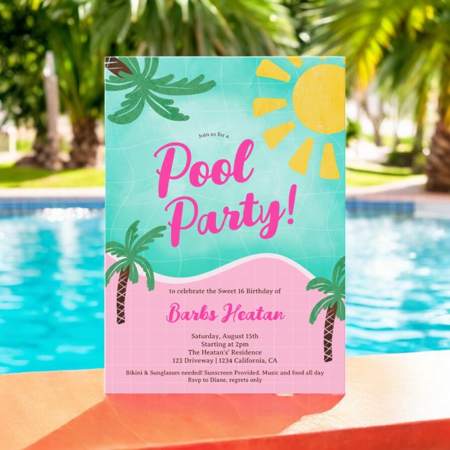 Roligt Sommarljus Tropical bassäng party Sweet 16 Inbjudningar (Fun Summer Bright Tropical pool party Sweet 16 Invitation)