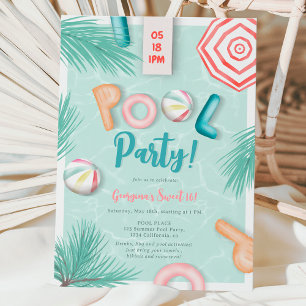 Roligt Sommarskript bassäng party, vattenfärg Söt Inbjudningar