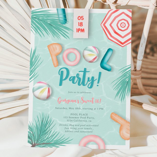 Roligt Sommarskript bassäng party, vattenfärg Söt  Inbjudningar (Fun summer pool party script watercolor Sweet 16 Invitation)